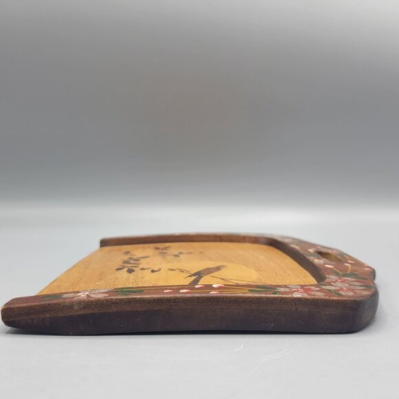 Vintage Wood Hand Carved Painted Crumb Tray & Scraper Floral & Bird Design Japan - Picture 9 of 11